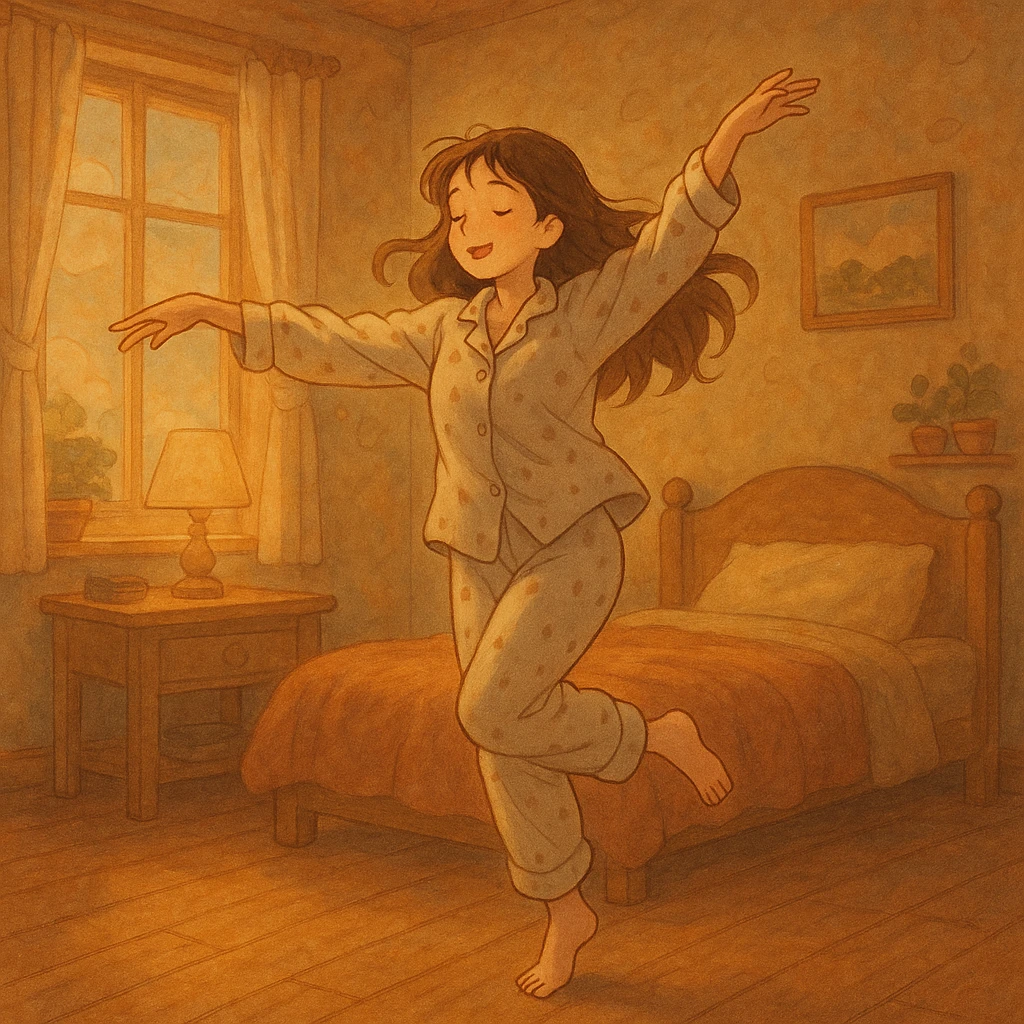 woman dancing in her pajamas, cozy emoji