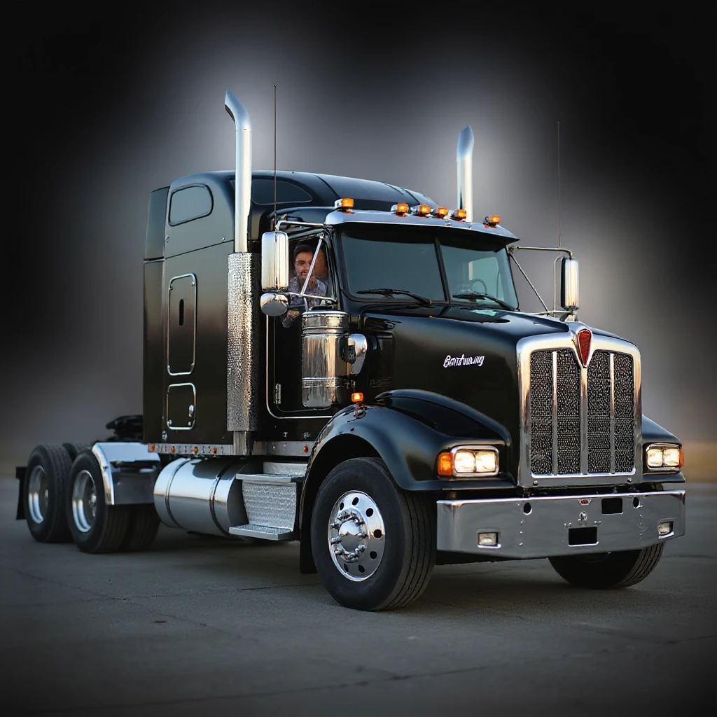 Edit the image to show only one person in the black Kenworth W680 sleeper semi truck, hanging out of the window with one arm up. The truck has chrome stacks. The style is realistic and photorealistic. Keep the background transparent as requested. emoji