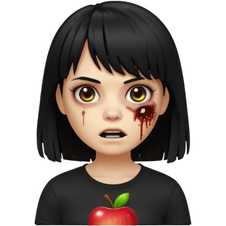 uma garota zumbi no formato Memoji da apple com o cabelo cumprido, preto liso e com franja, blusa preta emoji