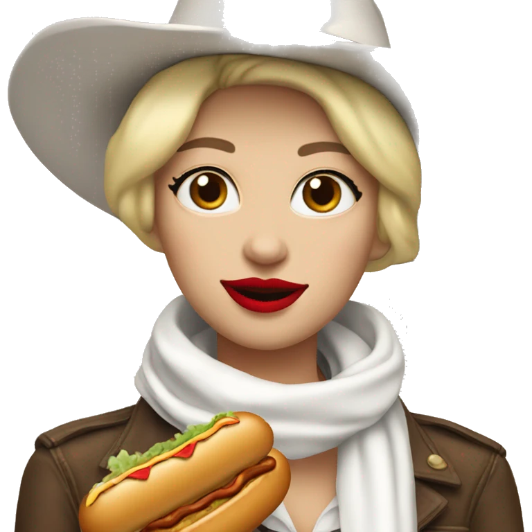 cowgirl with a white hat and white scarf and blonde short hair with red lipstick eating hotdog emoji