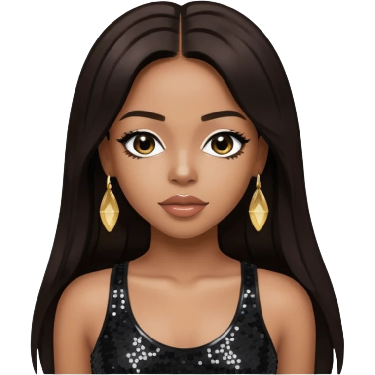 Aaliyah with long dark brown hair, sequin black crop top emoji