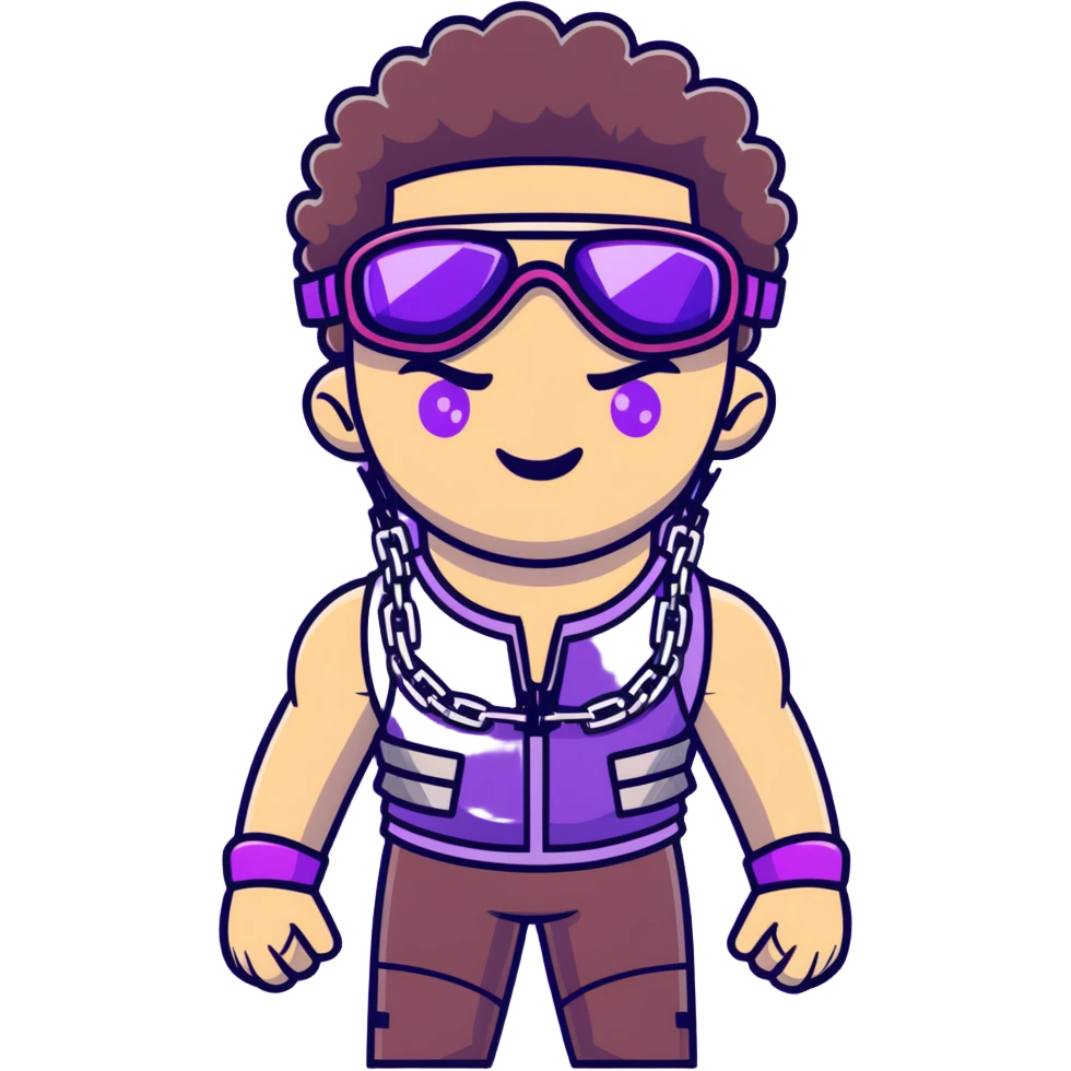 close-up of cool guy male athlete with white skin and moderately curly dark brown hair on top with shaved sides, with one purple ski goggle lens pushed up above his eyes on his forehead, sticking his tongue out of his mouth, wearing only a plain black chain necklace around his neck, and a completely unzipped sleeveless vest with purple and black sequin fire pattern design with no logo, clearly showing he is shirtless underneath with exposed chest and abs emoji