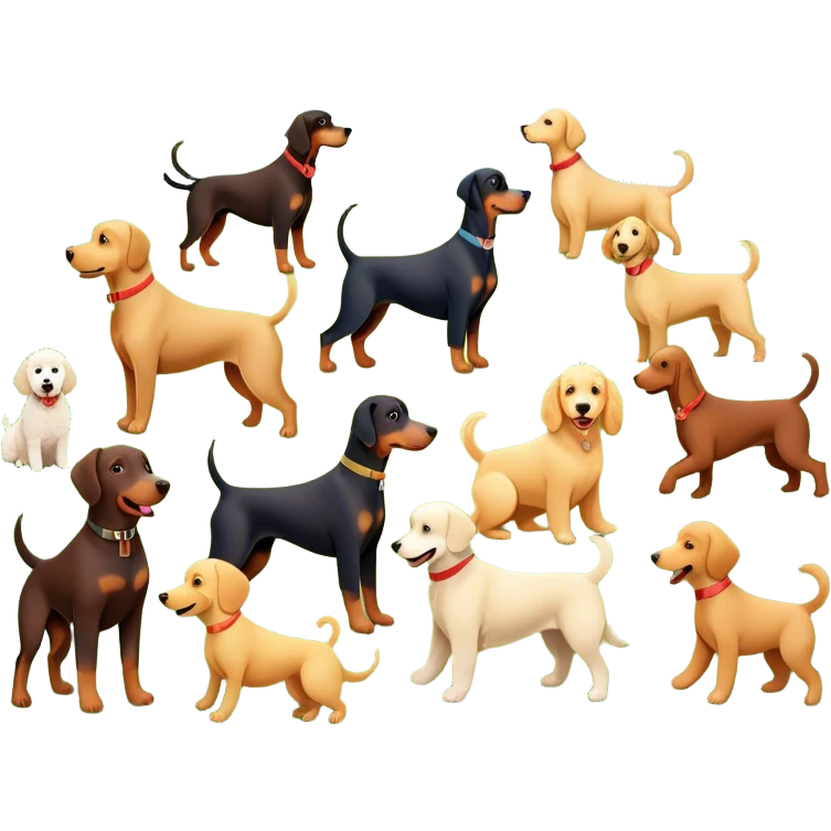 Collage of various dog breeds like Doberman, Poodle, Dachshund, and Golden Retriever, playing in a park with trees and grass. Some dogs run, others sit, all are full of energy and happiness. A joyful, colorful scene with playful expressions. Transparent background. emoji