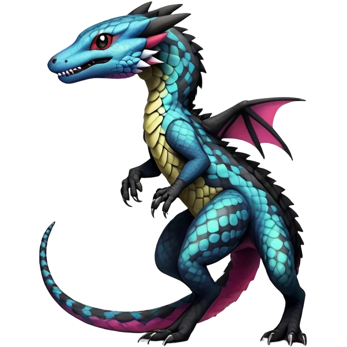 Rare realistic exotic edgy gothic cool badass epic pretty beautiful handsome gorgeous aesthetic colorful vibrant Vernid-Trico-species-Fakemon-Salandit-Heliolisk-hybrid-creature by LiLaiRa, 4 legs, 1 tail, random markings, (full body) emoji