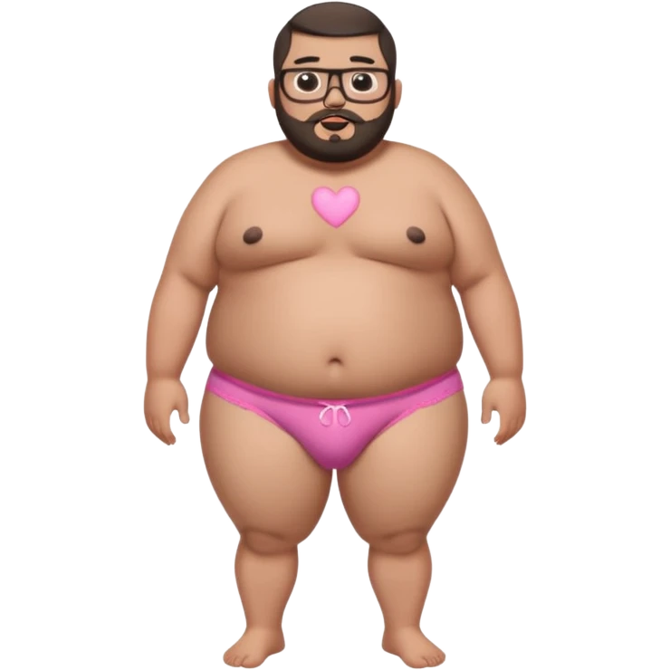 A full body standing, morbidly obese, fat, shirtless mexican guy in his pink and white heart underwear with a buzzcut, a beard, and glasses thats drooling emoji