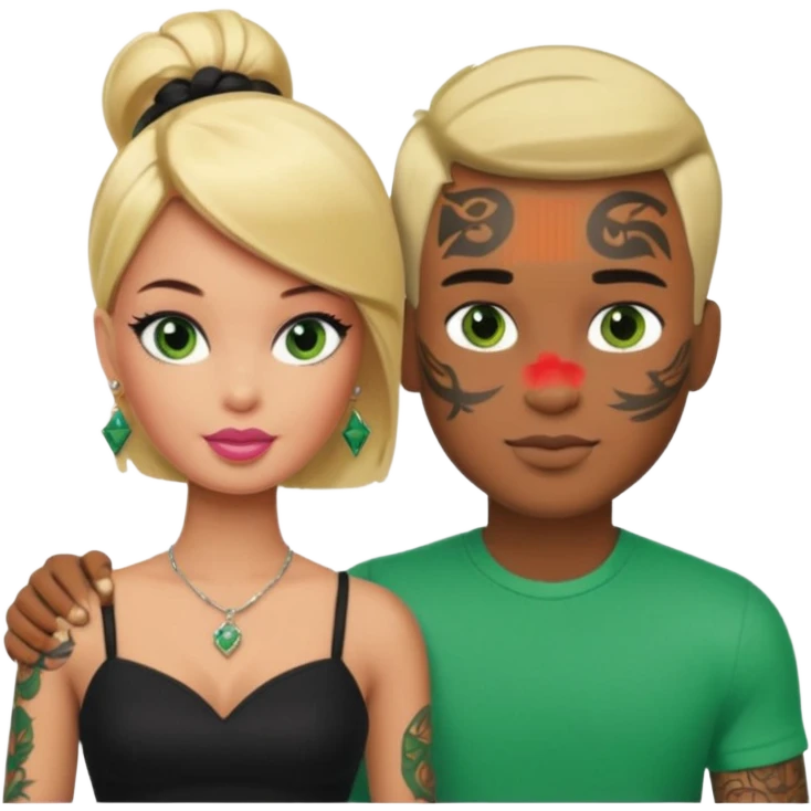 Brown skin blonde hair barbie with her boyfriend with black short hair and green eyes with tattoos emoji