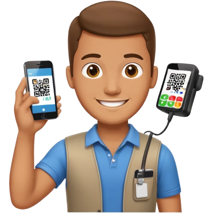 Draw a male tourist who pointed his phone to scan a QR code at a POS terminal for payment. In the style of an Apple emoji emoji
