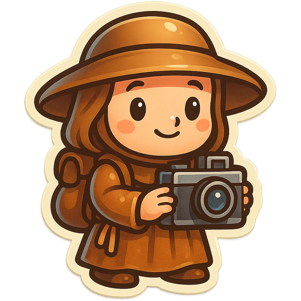 medieval pilgrim with a camera, chibi proportions, humorous, retro stickers style emoji
