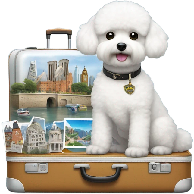 ABichon Frise standing next to a suitcase filled with iconic places stickers on the suitcase  emoji