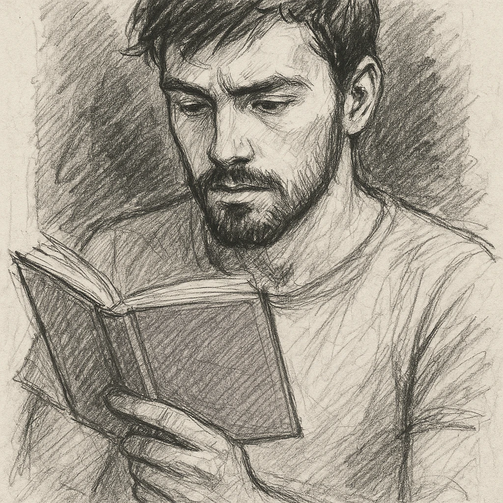 a white young man with a black beard, straight hair, and brown eyes reading a lilac-colored book, hand-drawn sketch style emoji