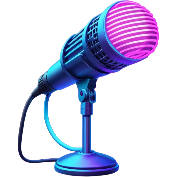 desktop studio microphone in profile view with neon glow effect, blue and purple neon glow on top left, pink neon glow on bottom right emoji