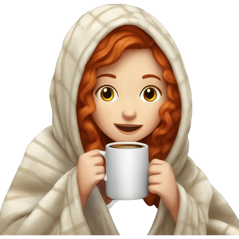 Redhead girl in cozy blanket drinking coffee  emoji
