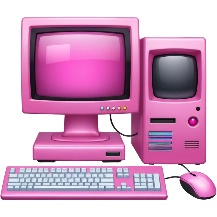 shiny pink transparent sparkly 90s computer with CRT monitor, keyboard, PC tower, mouse emoji