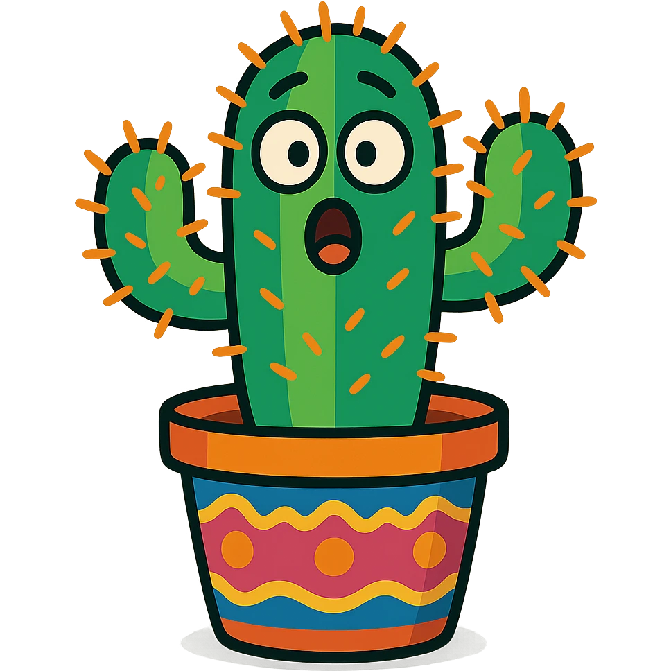 colorful cartoon cactus plant with spines, decorated pot, surprised expression emoji
