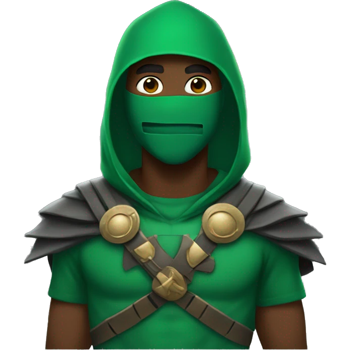 a black male with a green hoodie and maximus gladiator mask emoji