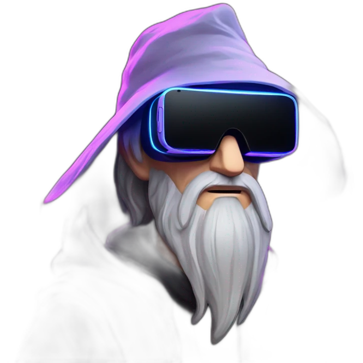Gandalf wearing a black hoodie with "OMG" letters on it and VR headset in a cyberpunk VR environment with violet neon lighting. emoji
