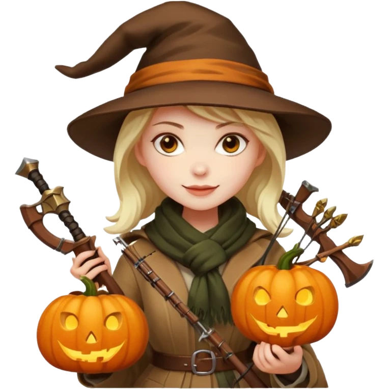 female human monster hunter emoji, wearing brown coat and hat, holding crossbow, soft smile, scarf, glowing pumpkin by her side, Halloween fantasy style, clean vector Apple emoji look, bright colors, white background, square emoji