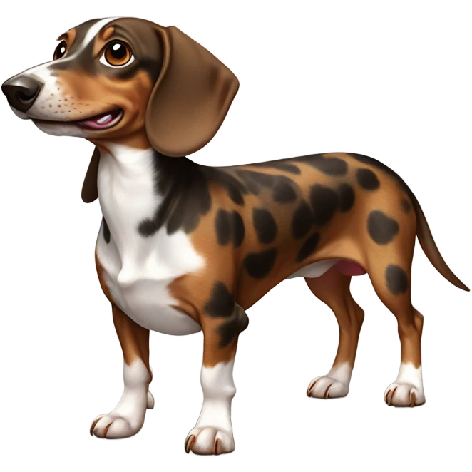 Brown and white spotted dachshund with a snaggle tooth emoji