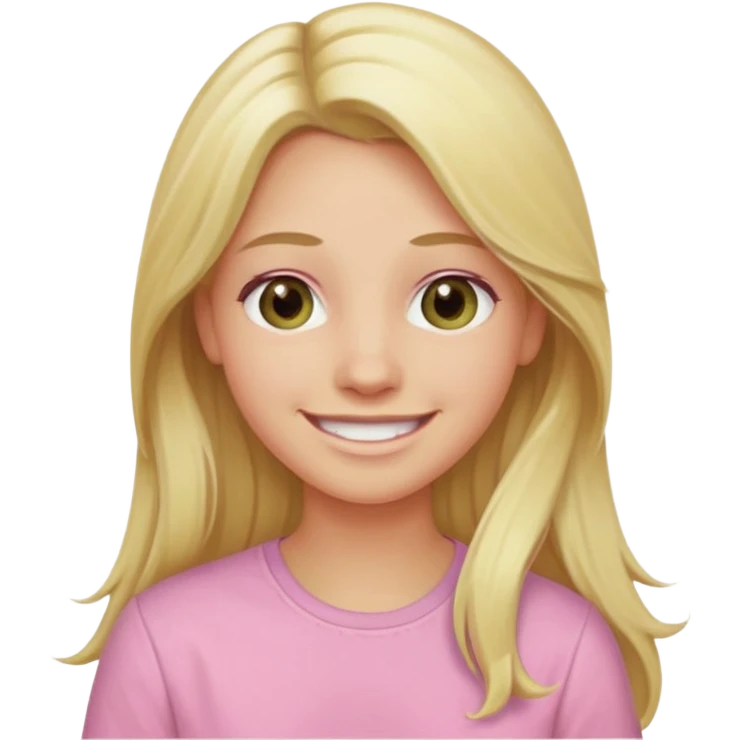 blonde with long hair and swamp-colored eyes, wearing a pastel pink shirt, smiling, iOS Apple emoji style emoji