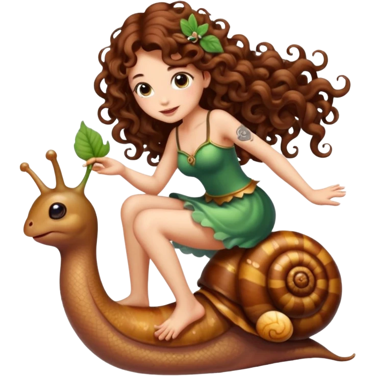cute fairy woman long curly brown hair tattoos riding tiny snail emoji