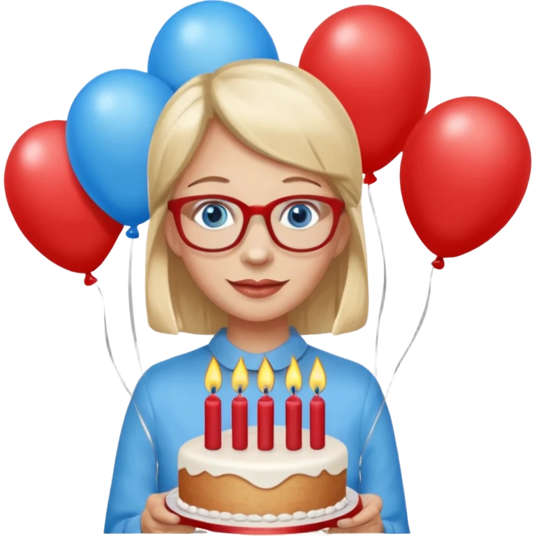 This person with blue eyes and red framed eyeglasses celebrating her 65 1/2 birthday with cake and candles, balloons, gifts emoji