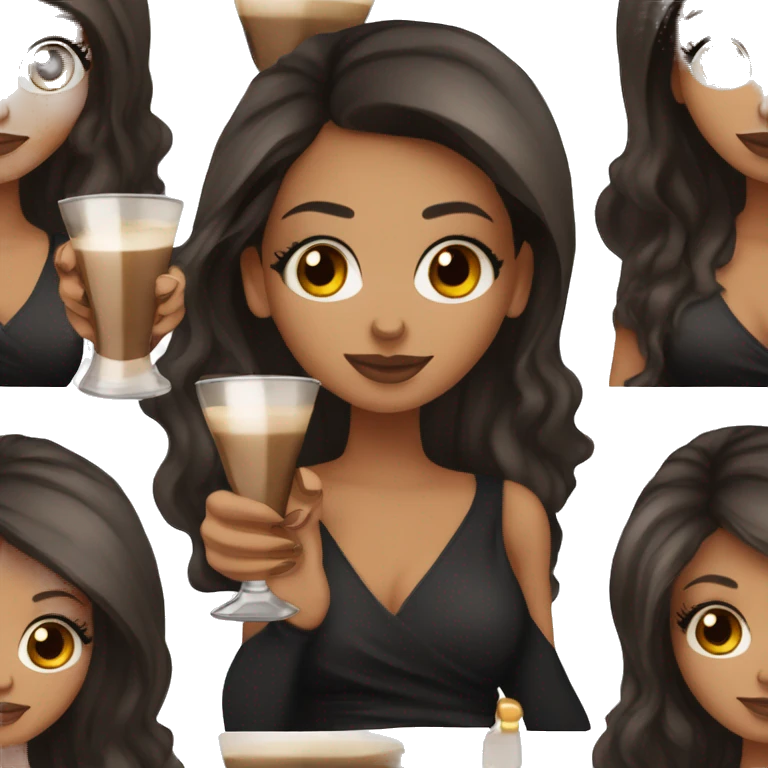 Tan girl with brown eyes and dark brown long hair with lashes holding espresso martini. Wearing makeup and black top emoji