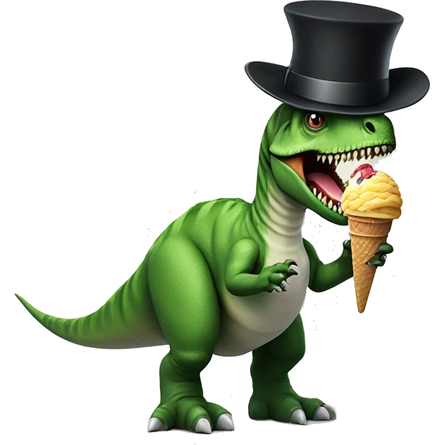 Dinosaur with a gun wearing a top hat, eating ice cream emoji