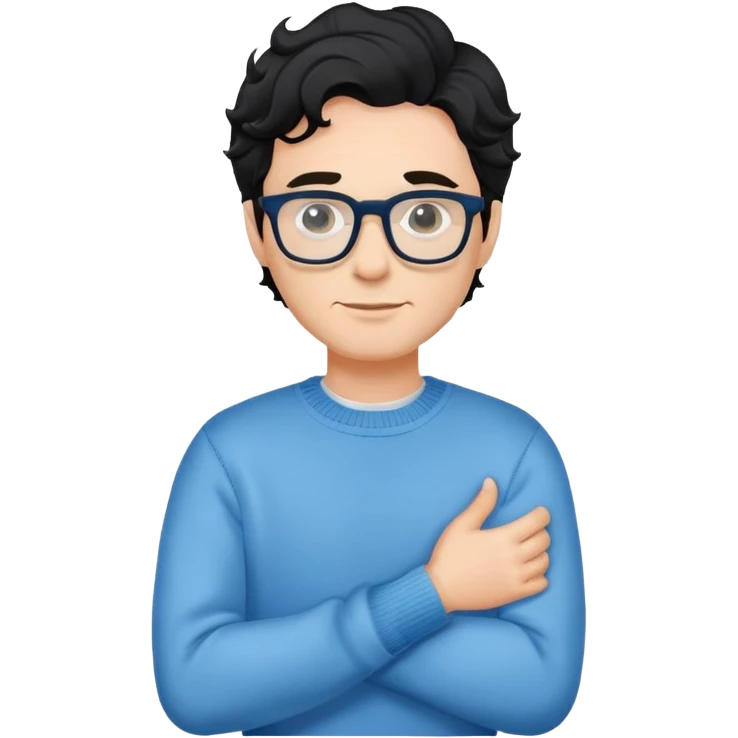 Caucasian man with black wavy hair wearing glasses and a long sleeve blue sweater emoji