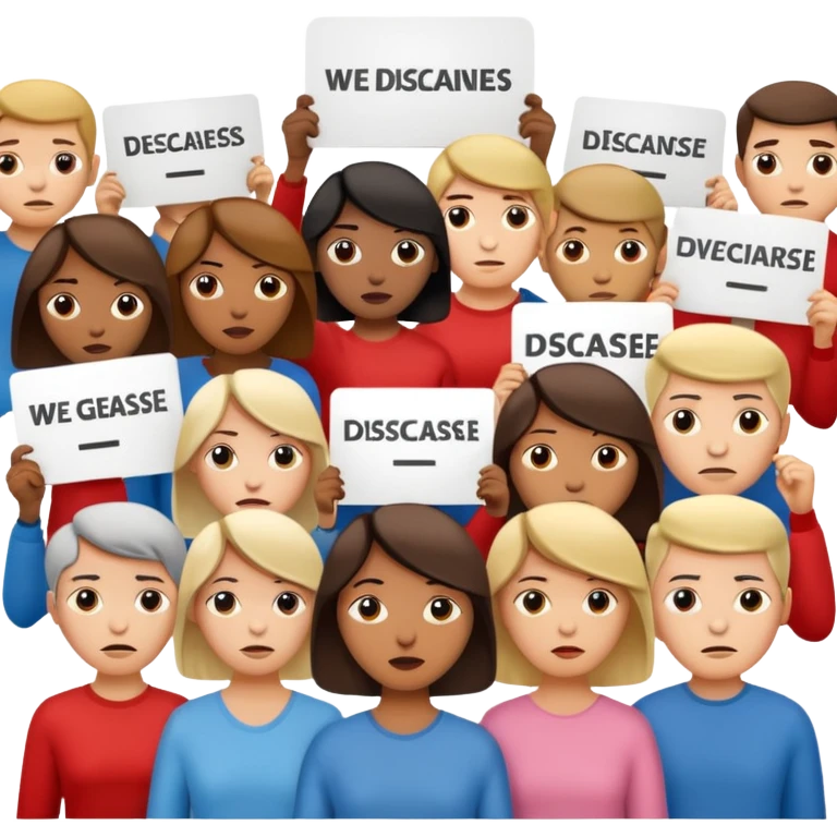 a crowd of people with unhappy faces and holding placards with the inscription: we disagree emoji