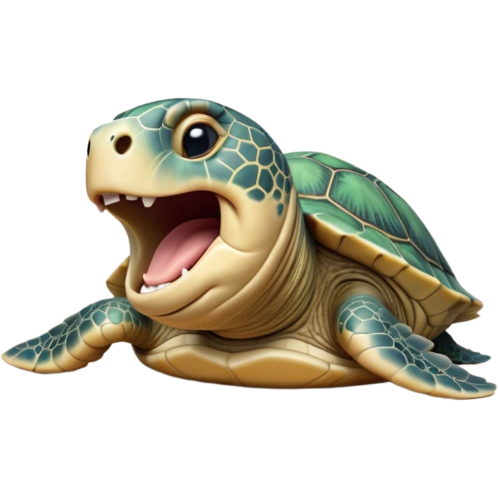 Cinematic Realistic Cute Yawning Sea Turtle Portrait Emoji, Head tilted slightly with a dramatic, wide-open yawn, showcasing a soft, textured shell and a tender, aged face with half-closed, drowsy eyes, rendered with natural shadows and delicate detail; high shine, relaxed yet expressive, styled with a dash of oceanic charm, soft glowing outline, capturing the essence of a sleepy yet affectionate sea turtle that appears ready to stretch out and drift into a peaceful nap! emoji