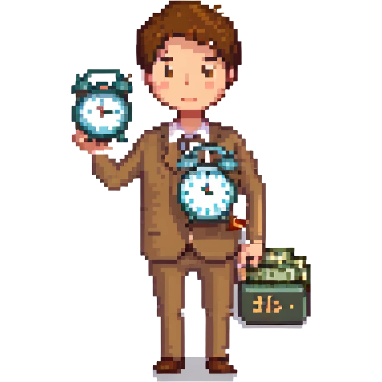 A man with short brown hair holding an alarm clock and money emoji