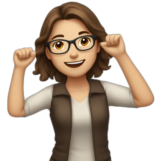 european girl with glasses and brown hair celebrating arms up emoji