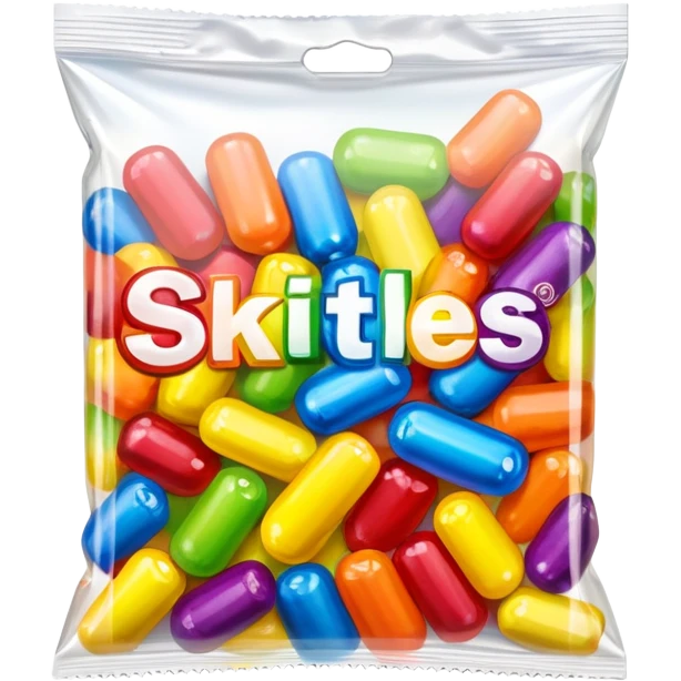 A Skittles candy package completely wrapped in clear packing tape, shiny reflective surface, rainbow colored bag under tape emoji