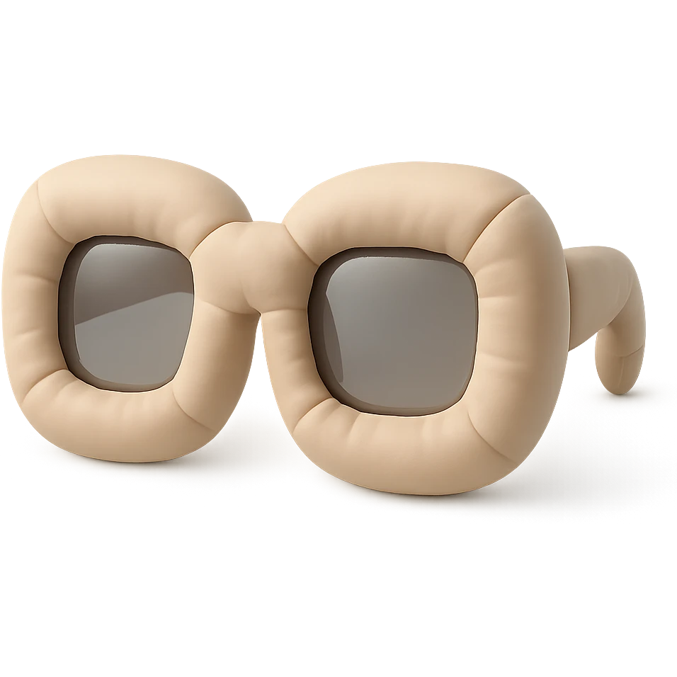 cushion style sunglasses, plush and rounded, cute emoji
