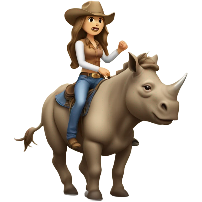 Caucausian woman with long hair with a cowboy hat and she’s riding a rhinoceros emoji