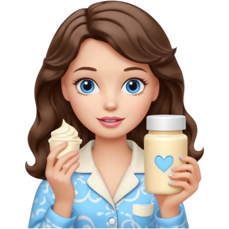 Barbie girl with makeup, blue eyes , and bob long haircut wavy, short brown hair in creamy color pajamas, face cream in hand emoji