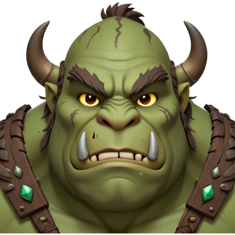 Cinematic Noble Ogre Portrait Emoji, Majestic and imposing, with a rugged, muscular form in deep earthy greens and browns, adorned with battle scars and subtle tribal markings, exuding calm, noble strength and unexpected wisdom, simplified yet strikingly detailed, glowing with a shadowy outline that captures the essence of a gentle giant with fierce heart! emoji