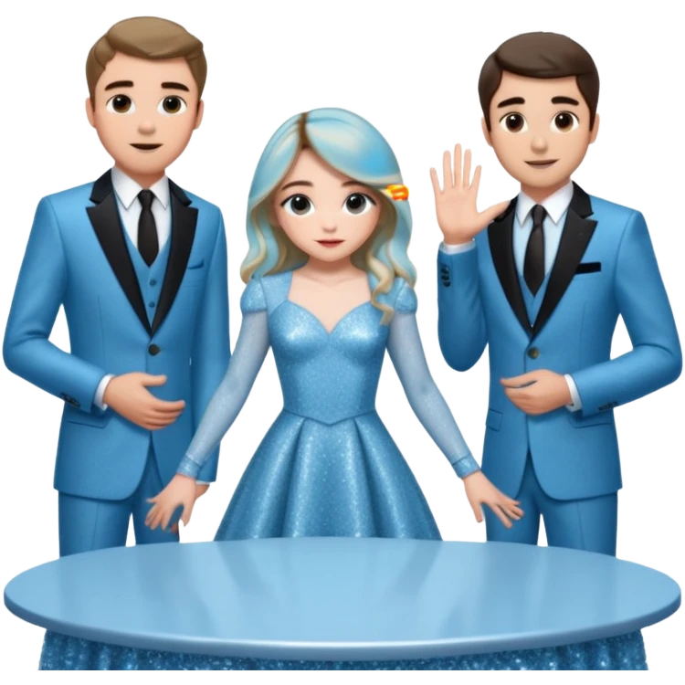 Sabrina carpenter in a light blue sparkly dress at a table with 3 handsome men, and she is standing up reaching over  emoji