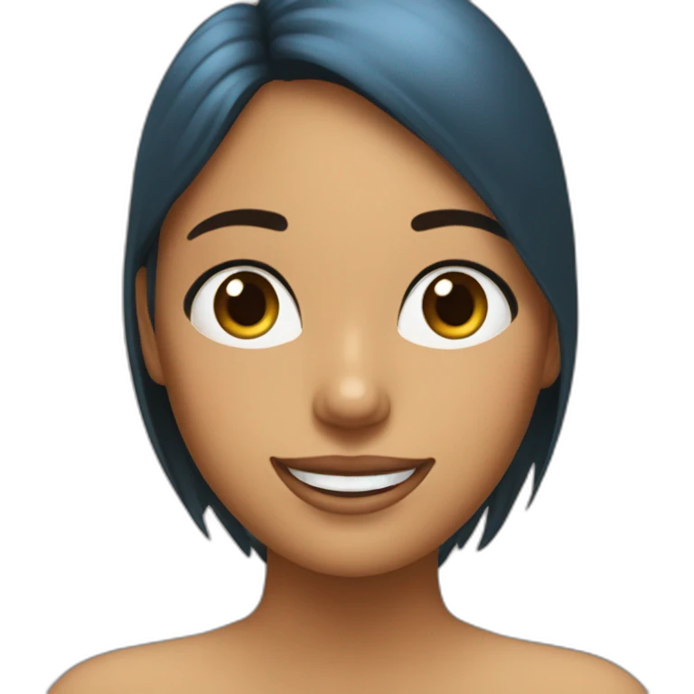 Chica con melena marrón, ojos azules y sonrisa emoji