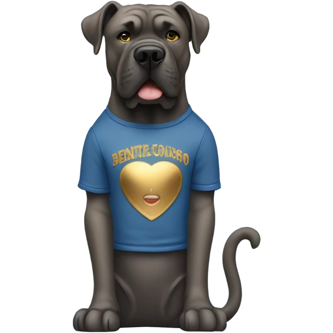 A Cane Corso in blue jeans and gold tee shirt standing upright singing into a microphone. emoji