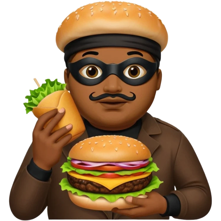 Fat Brown skin burglar with a black eye mask holding a burger emoji