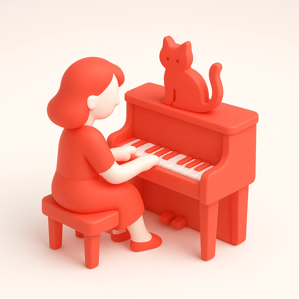 woman playing piano while her cat sits on top of the piano emoji