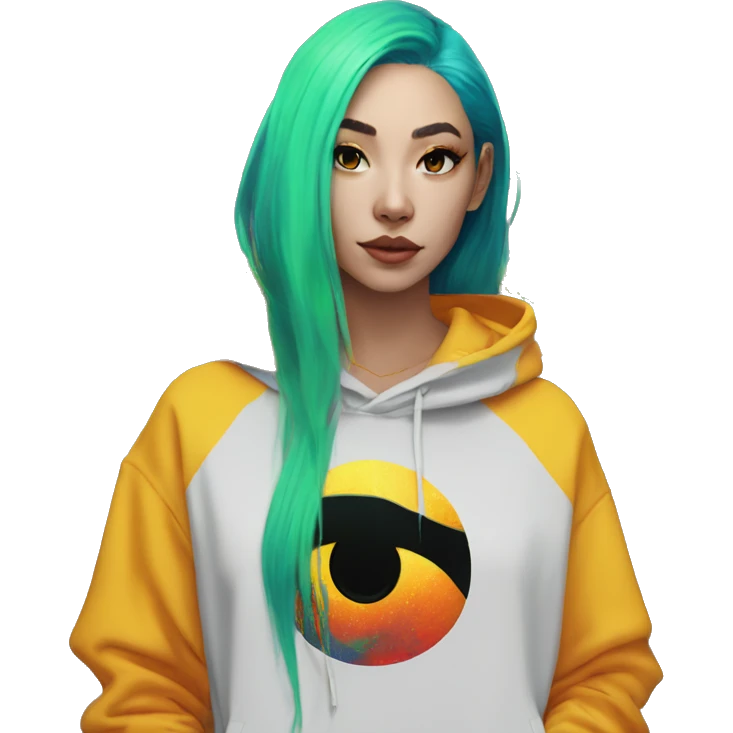 Lady with brunette and iridescent blue hair, gold, lime green dragon wings, black hoodie, bleach dyed, black and gold Nike t shirt, and bright red eyes emoji