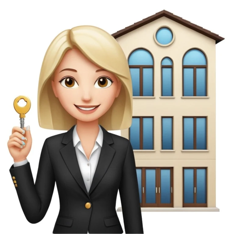woman in a business suit, smiling, holding keys, Dubai-style modern townhouse in background emoji