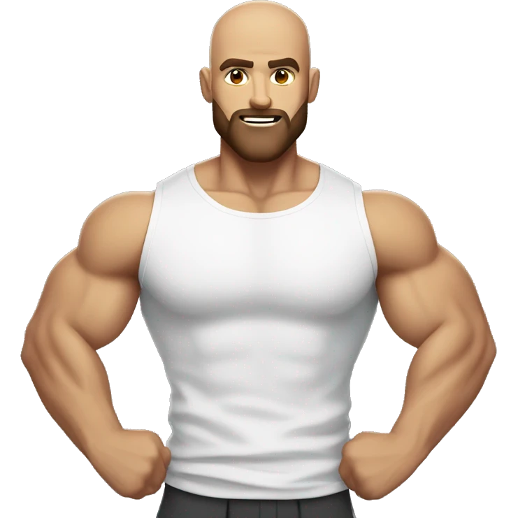 Muscular man flexing, bald, brown beard in a white shirt emoji