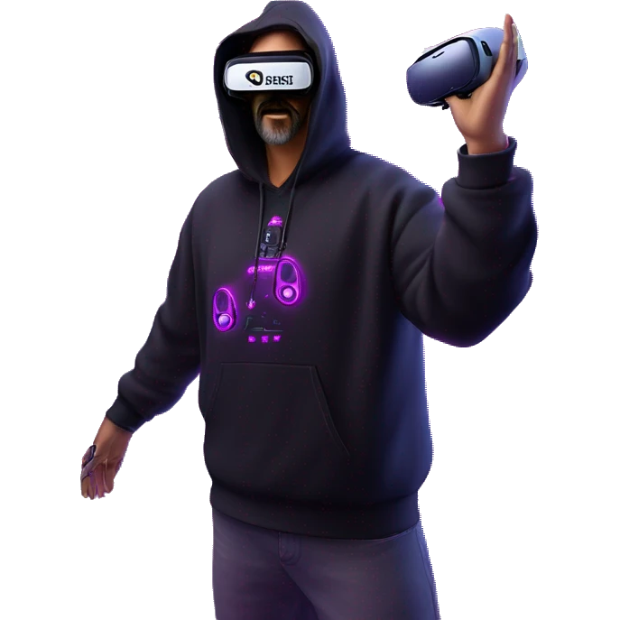 Big Lebowski wearing a black hoodie with "OMG" letters on it and VR headset oculus quest 2 in a cyberpunk VR environment with violet neon lighting. Showing direction with hand emoji