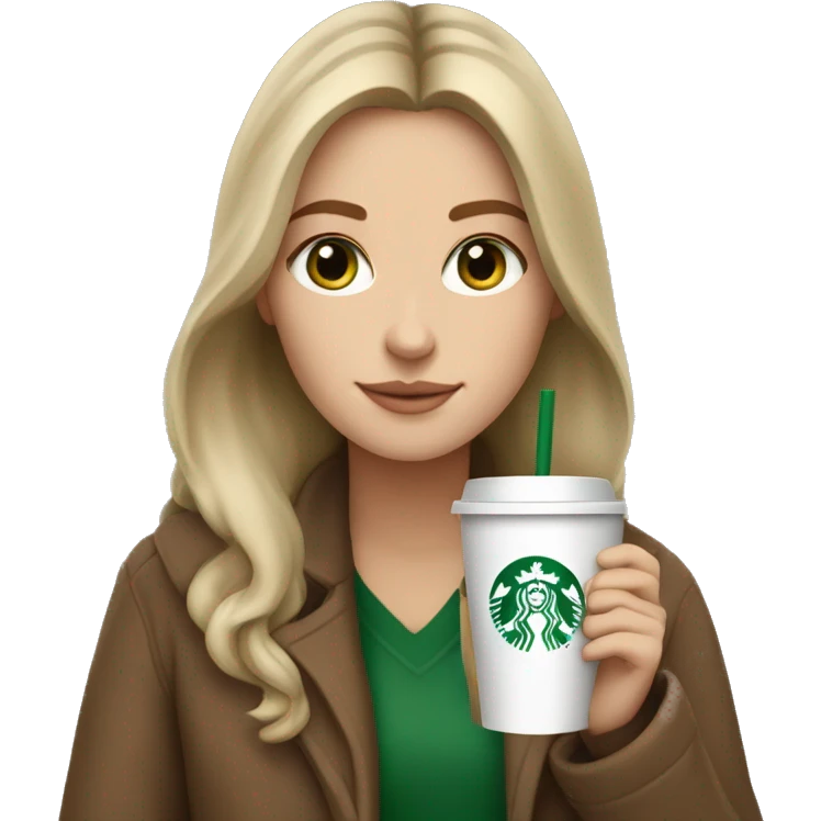 A white girl with brown and long hair, green eyes, with a beige coat, drink a starbucks coffe emoji