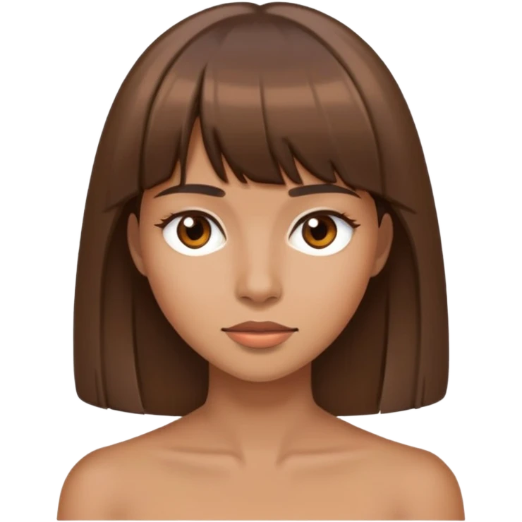 She has a medium tan complexion, straight brown hair that's longer than her shoulders , and she has bangs framing her face. emoji