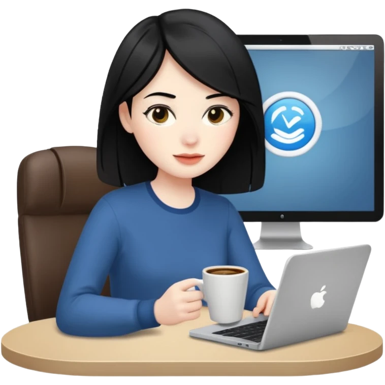Working remote with coffee with black hair emoji