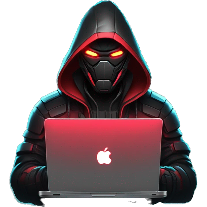 developer behind his laptop with this style : crysis Cyberpunk Valorant neon glowing bright red character dark red black hooded assassin themed character emoji